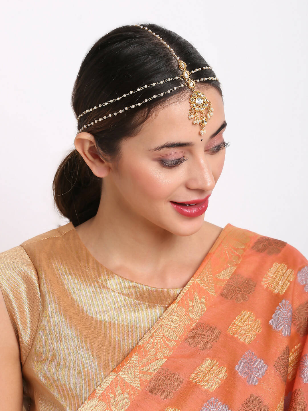 Gold-Polished White Kundan Studded Matha Patti - Ruby Raang