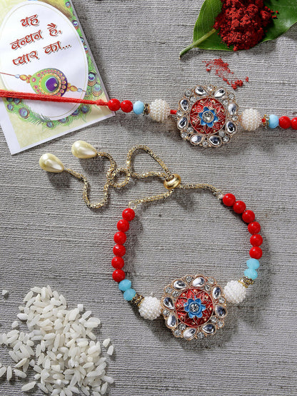 NVR Women & Men Set of 2 Red-colored Stone-Studded & Beaded Bhaiya Bhabhi Rakhi With Roli Chawal