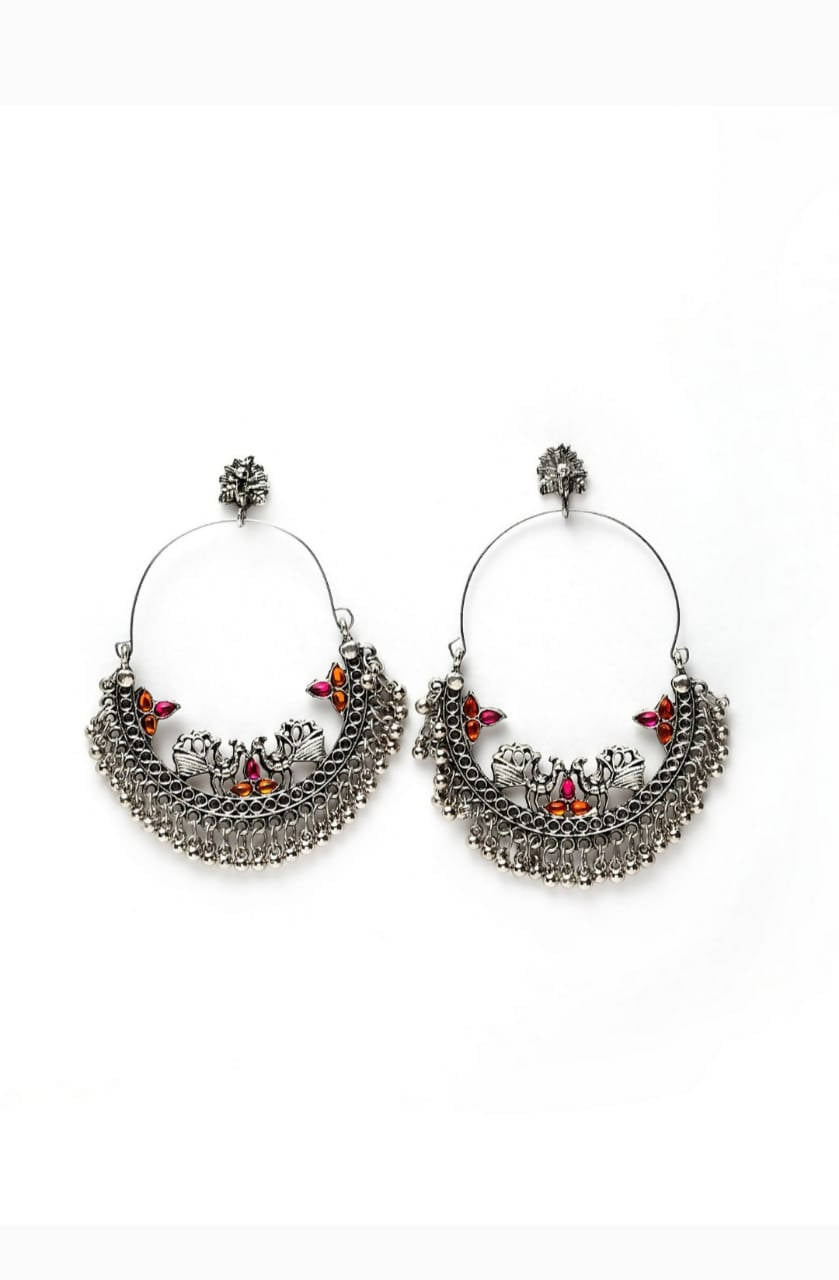 Mominos Fashion Silver-Plated Peacock Design Multi-Color Chandbali Earrings