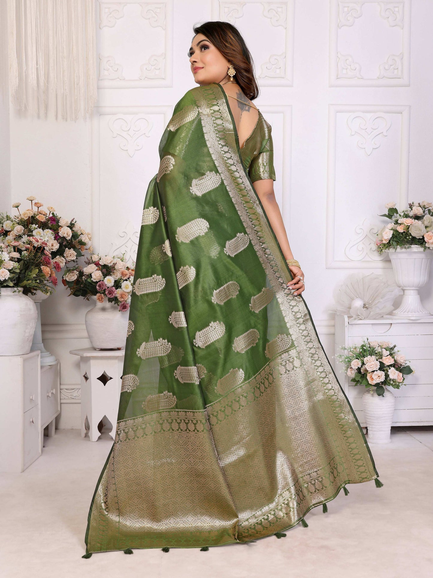 Aastha Fashion Mehndi Soft Organza Silk Weaving Saree