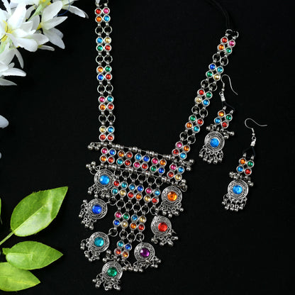 Mominos Fashion Johar Kamal Oxidised Silver-Plated Brass Finish Multi Kundan Afghani Long Necklace For Women