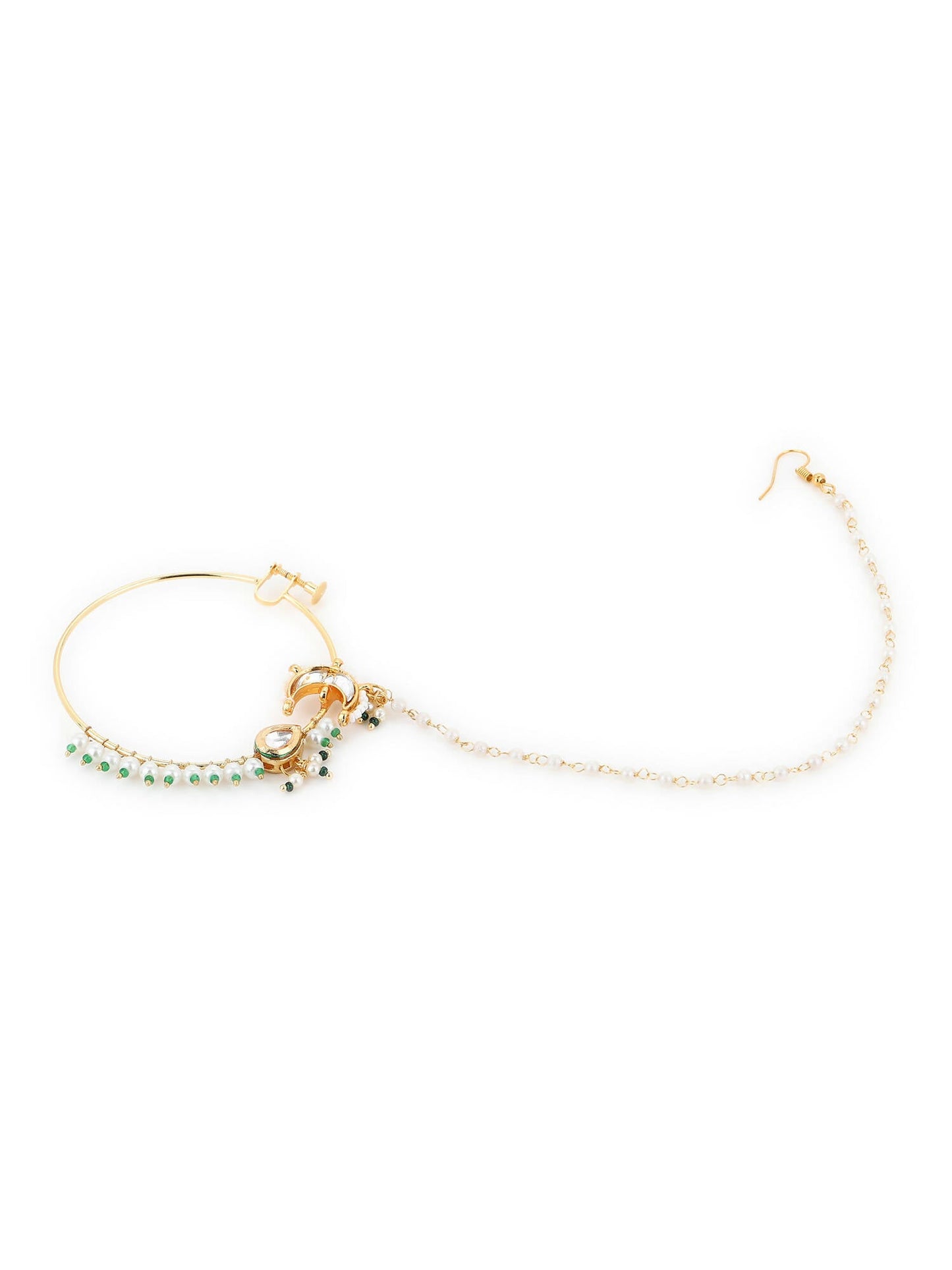 Gold-Polished White Green Kundan-Studded Pearl Beaded Nosepin - Ruby Raang