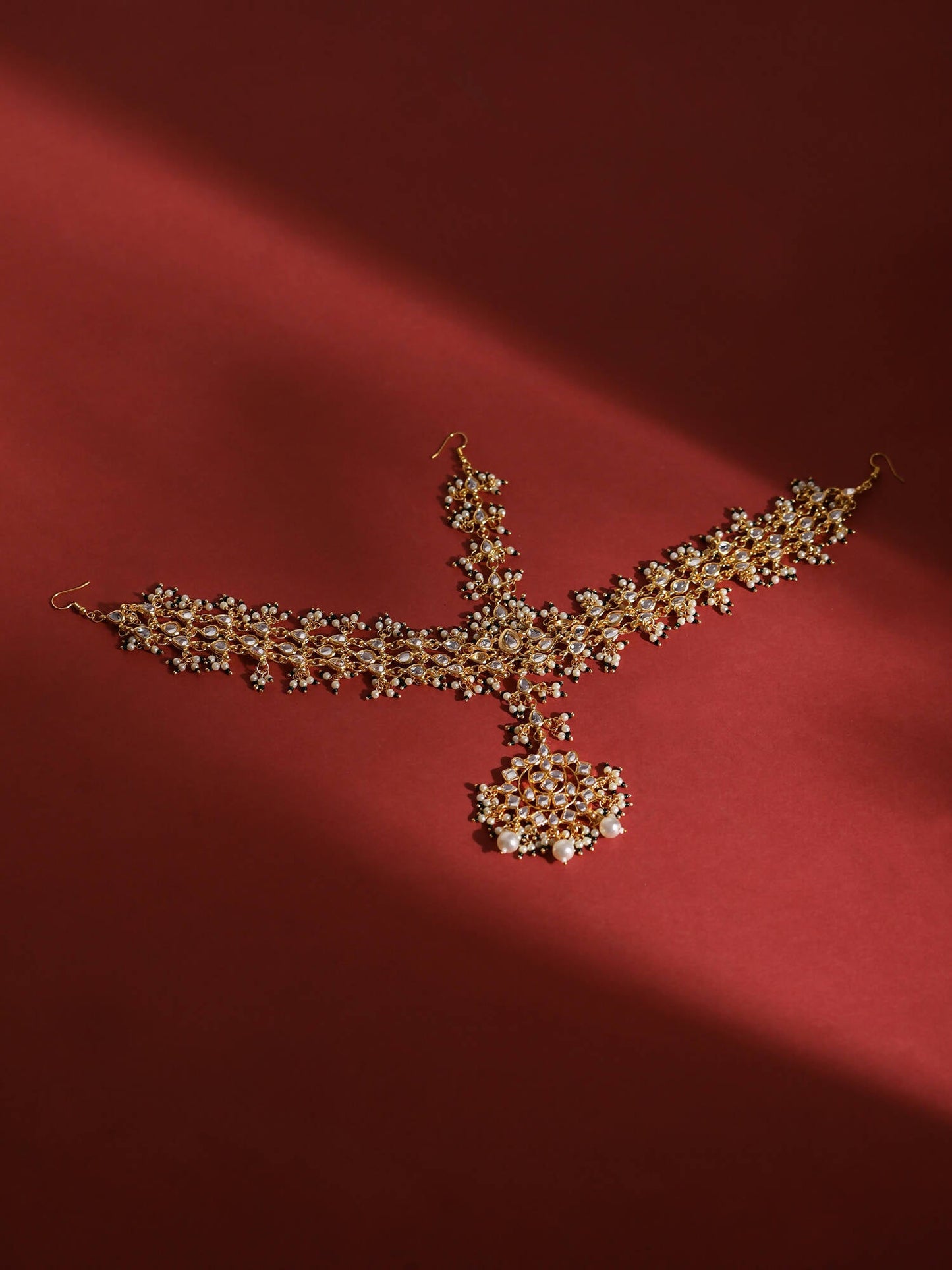 Gold-Polished White Green Kundan-Studded Pearl Beaded Matha Patti - Ruby Raang