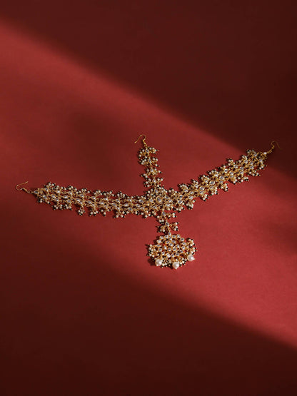 Gold-Polished White Green Kundan-Studded Pearl Beaded Matha Patti - Ruby Raang