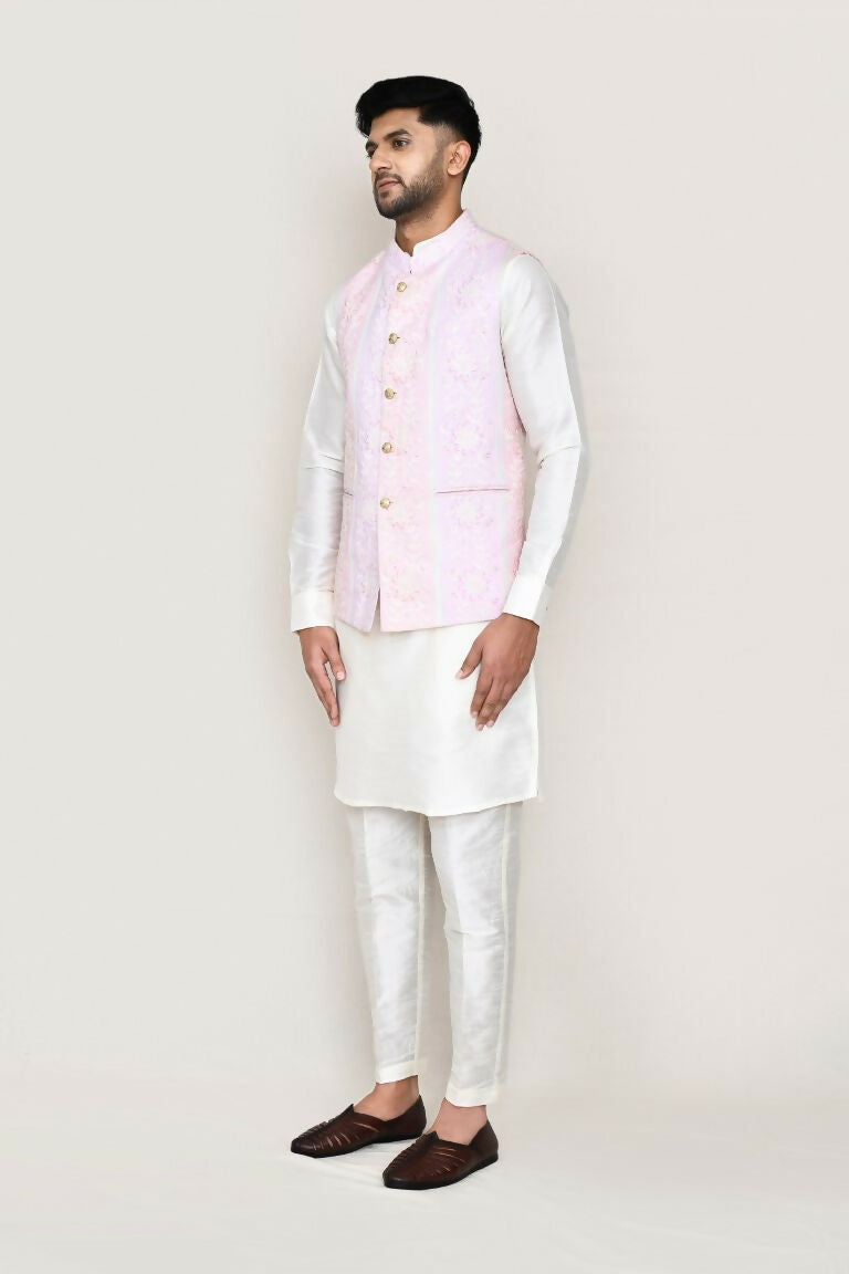 Joban Fashion White Colored Art Silk Fabric Kurta, Jacket With Straight Fit Pant