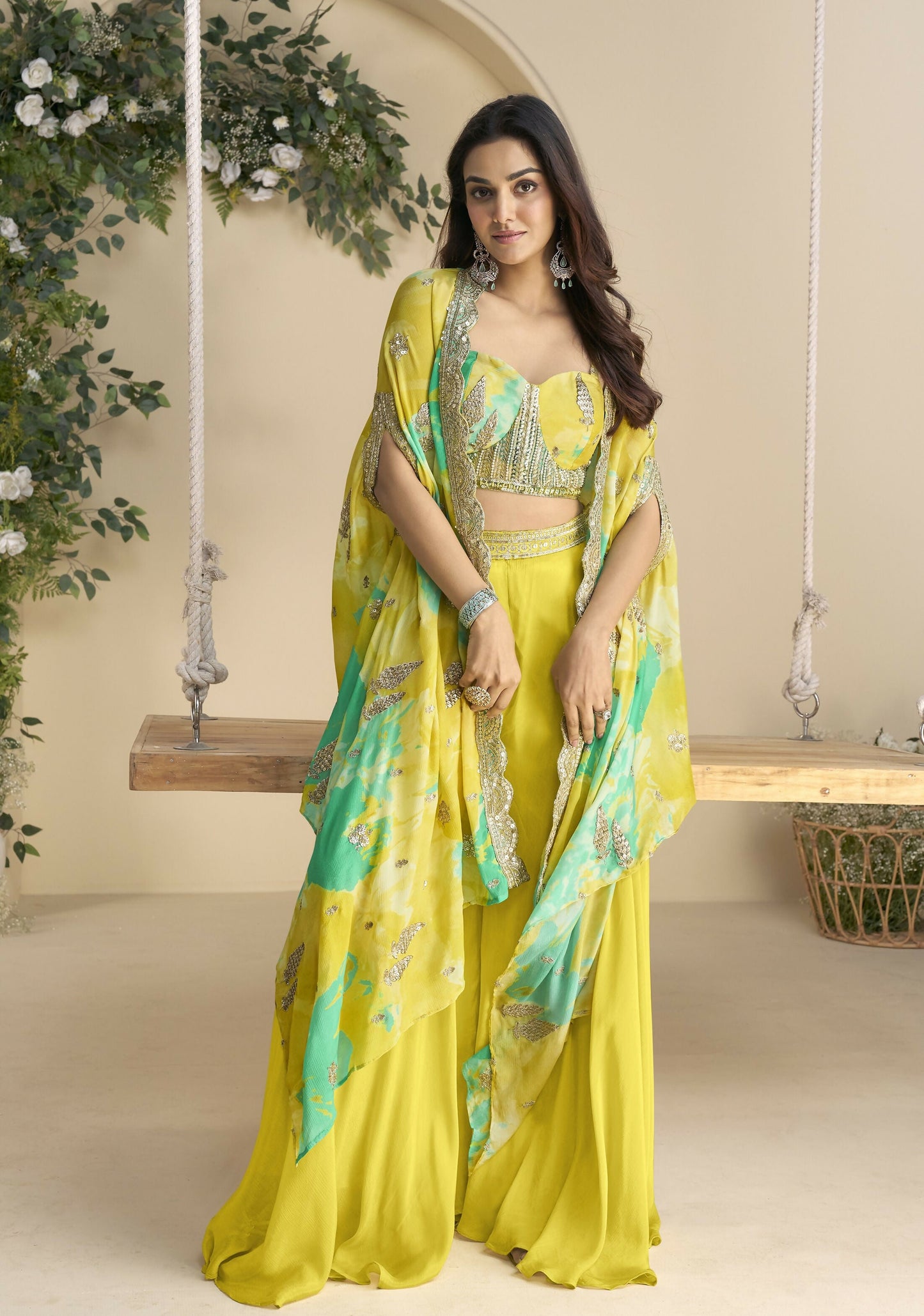 Anaita Mustard Chinon Free Size Readymade Shrug Suit with Embroidery Sequence Work (Free Size)