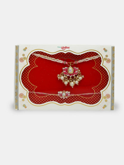 NVR Women & Men Set of 2 Pink Lotus Shape Kundan-Studded & Beaded Handcrafted Wraparound Rakhi Set With Roli Chawal