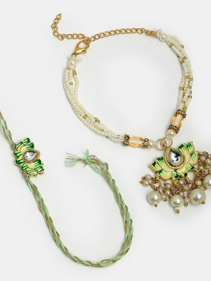 NVR Women & Men Set of 2 Green Lotus Shape Kundan-Studded & Beaded Wraparound Rakhi Set With Roli Chawal & Chocolate