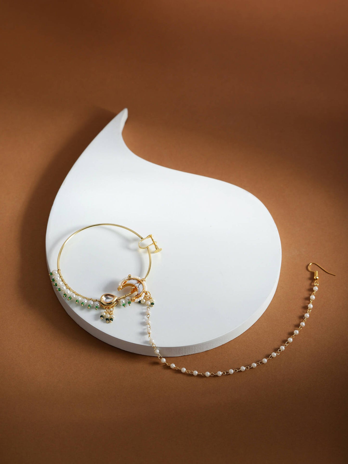 Gold-Polished White Green Kundan-Studded Pearl Beaded Nosepin - Ruby Raang