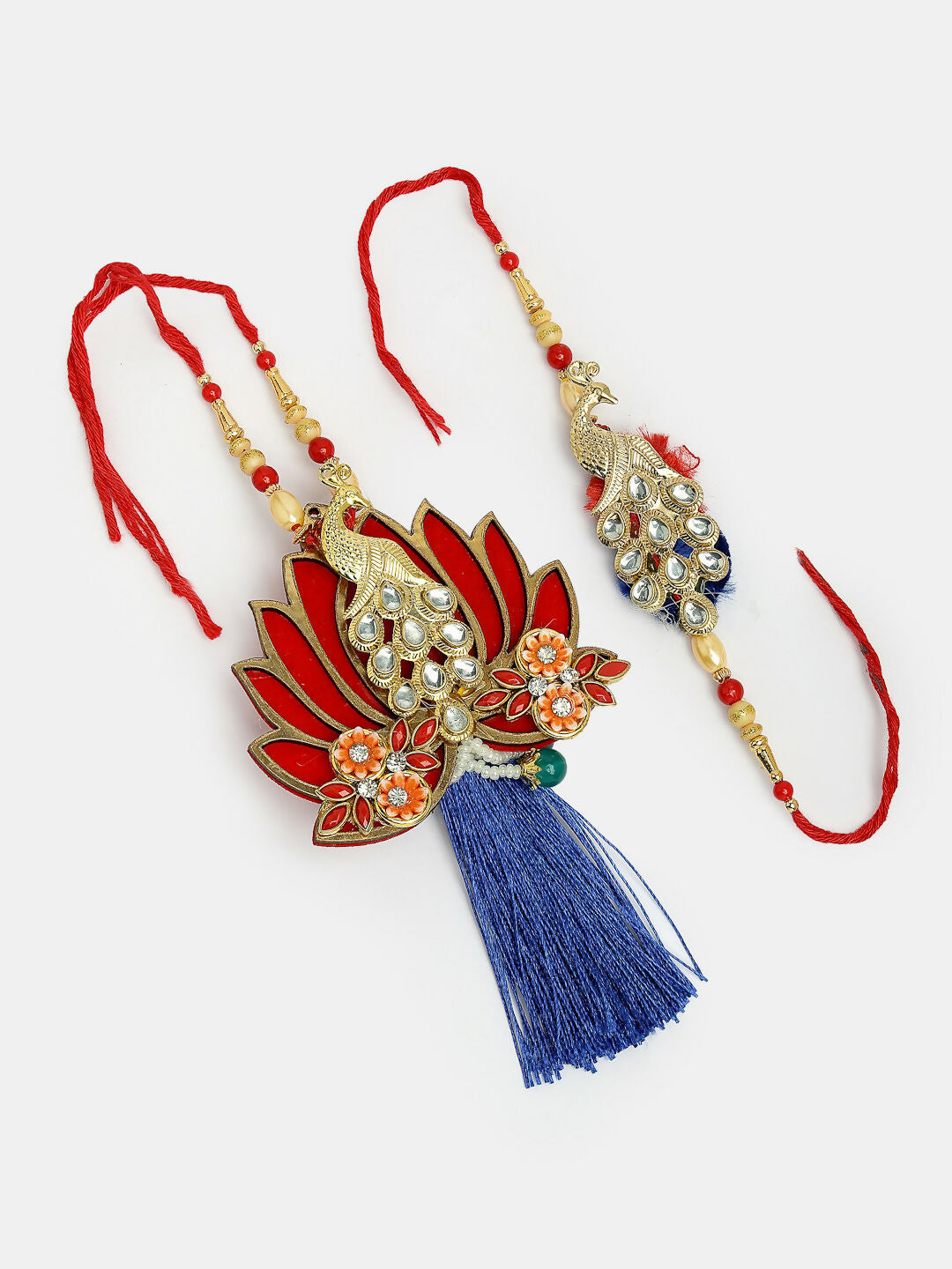 NVR Women & Men Set of 2 Gold-Toned Peacock Design Stone-Studded Bhaiya Bhabhi Rakhi With Roli Chawal & Chocolate