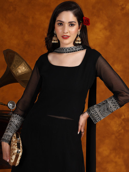 Sangria Embroidery Georgette Kurta Palazzo With Dupatta Set