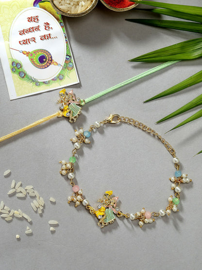 NVR Women & Men Set of 2 Multicolor Gold-Toned Radha Krishna Beaded Bhaiya Bhabhi Rakhi With Roli Chawal