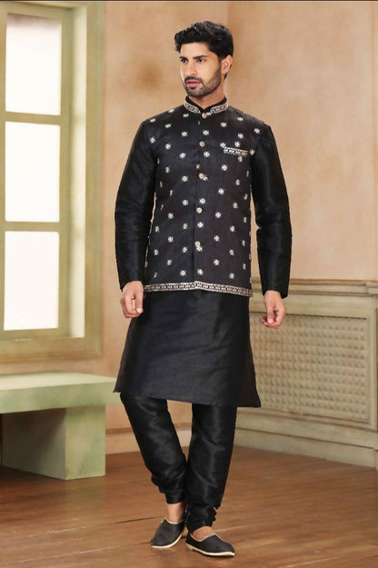 Raivat Ethnic Jacquard Banarasi Silk Woven Work 3 Pics Jacket Set In Black Colour