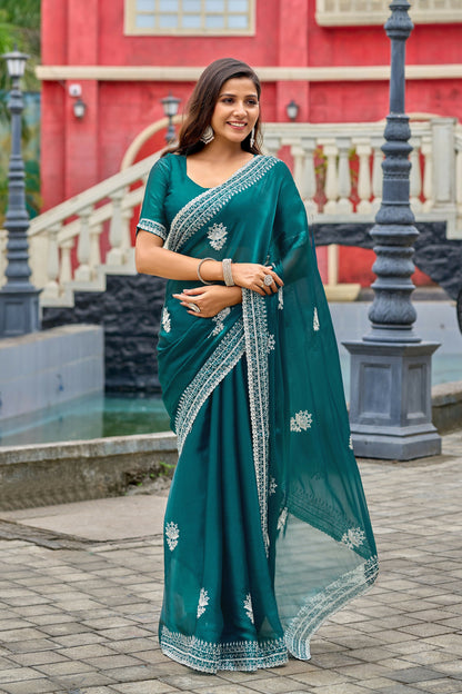 Vastranavya Rama Embroidery Work Shimmer Chiffon Saree with Unstitched Blouse
