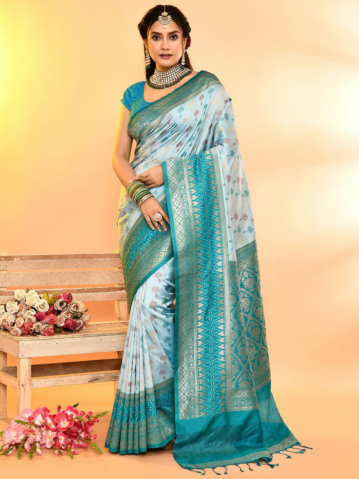 Joban Fashion Sky Blue & Rama Plain With Weaving Border Banarasi Silk Sarees