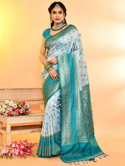 Joban Fashion Sky Blue & Rama Plain With Weaving Border Banarasi Silk Sarees