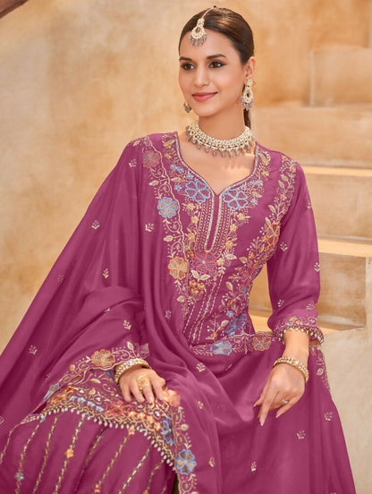 Anaita Magenta Vichitra Silk Readymade Palazzo Suit with Embroidery & Lace Work