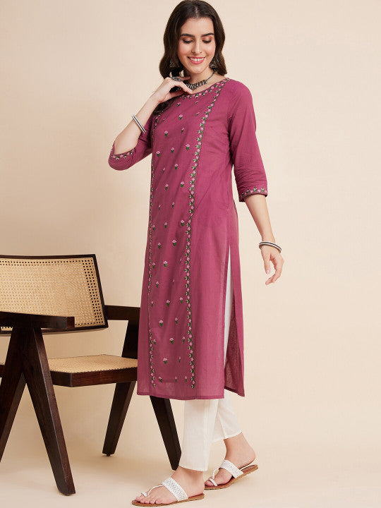 Sangria Floral Embroidered Cotton Straight Kurtas
