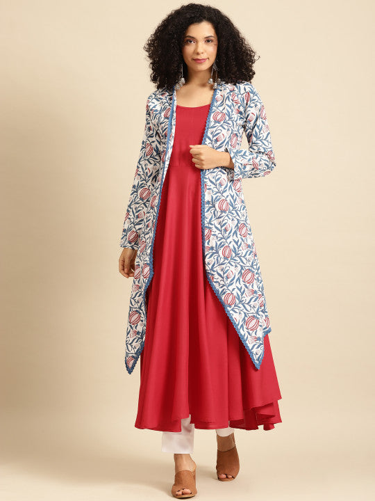 Anayna Women Blue & Red Solid Anarkali Kurta with Floral Screen Print Longline Jacket