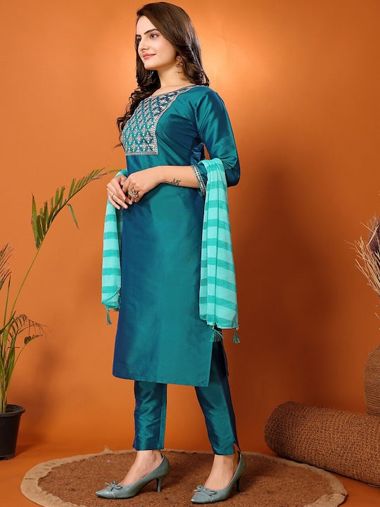 Fabmora Ethnic Motifs Embroidered Regular Zari Straight Kurta With Trouser &Dupatta