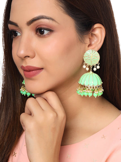 Yellow Chimes Women Green Meenakari Jhumkas Earrings