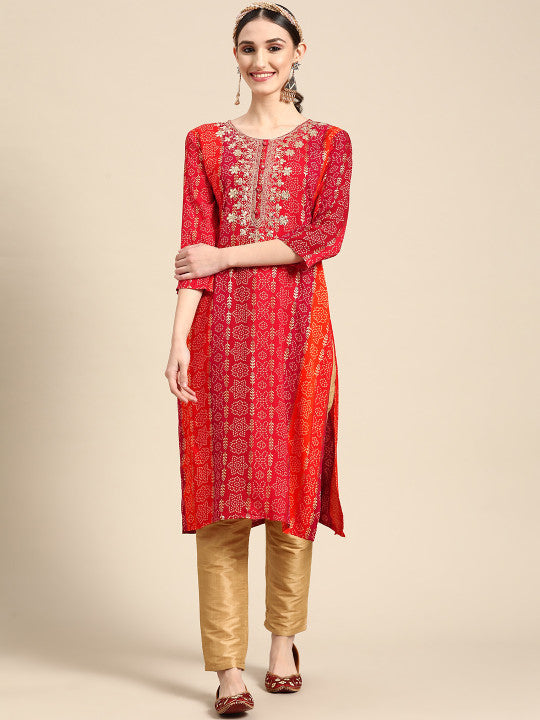 Sangria Women Red Bandhani Printed and Embroidered Rayon Kurta