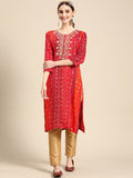 Sangria Women Red Bandhani Printed and Embroidered Rayon Kurta