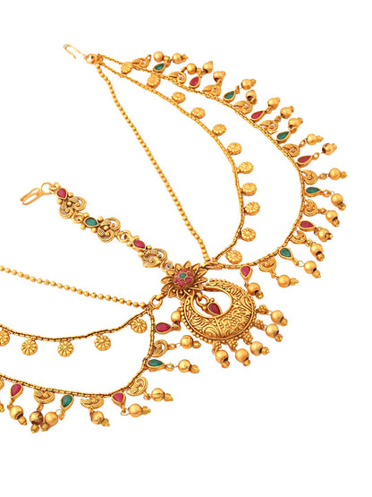 Yellow Chimes Gold-Polished Red & Green Stone-Studded Layered Bridal Maatha Patti