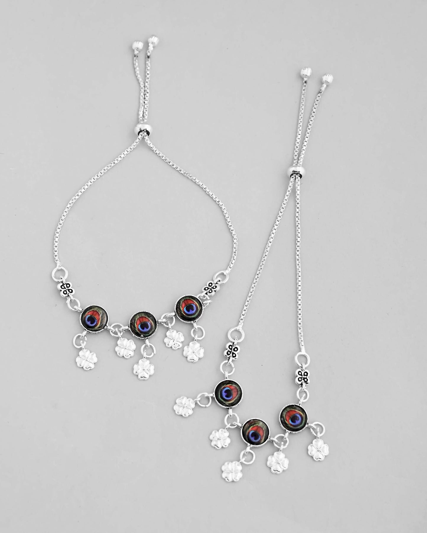 VOJ Set of 2 Silver Plated Peacock Printed HandCrafted Anklet