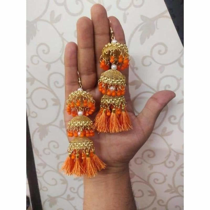 MS Fashion India Gold Color Orange Pearls And Silk Threads Hanging Jhumka Earrings