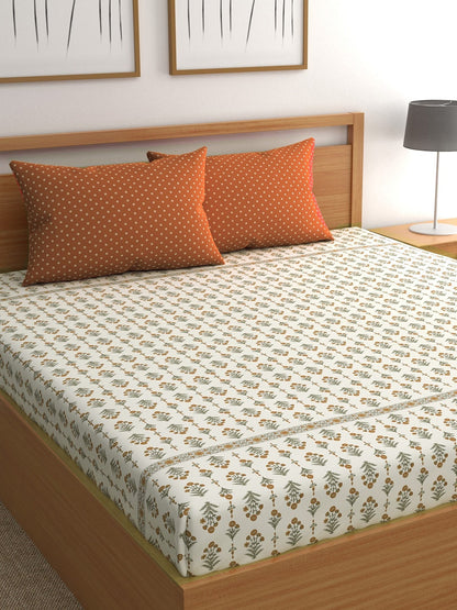 CHHAVI INDIA Cream-Coloured & Orange Floral Ultra Soft 210 TC Bedsheet with Pillow Covers