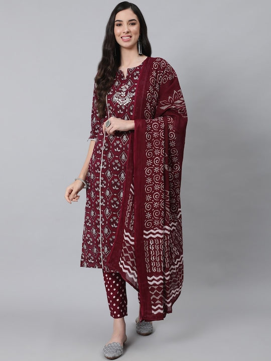 Anubhutee Women Maroon Ethnic Motifs Thread Work Pure Cotton Kurta with Trousers & With Dupatta