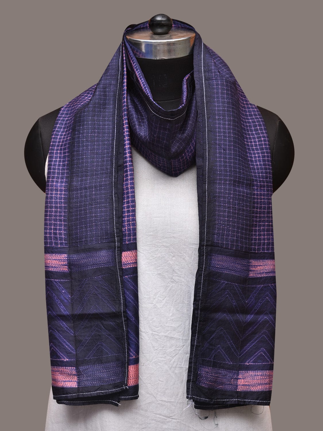 Dark Blue and Pink Shibori Silk Handloom Stole with Checks Design - Global Threads