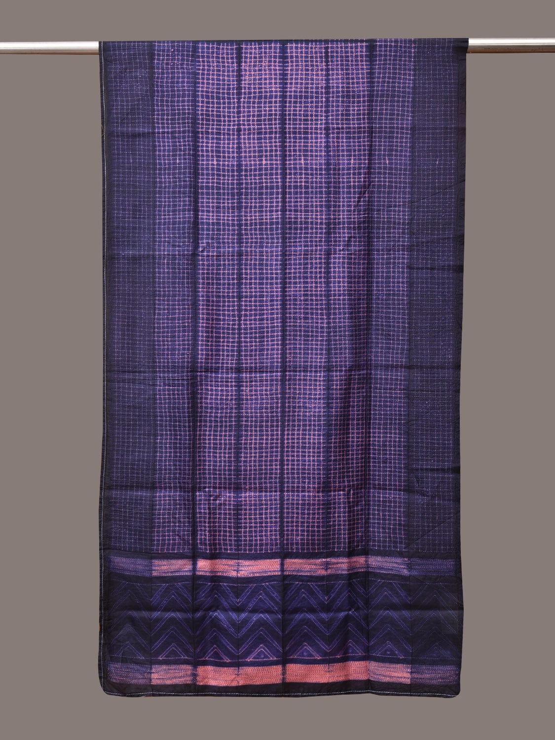 Dark Blue and Pink Shibori Silk Handloom Stole with Checks Design - Global Threads