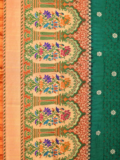 Dark Green Bandhani Paithani Silk Handloom Saree with One Side Border Design - Global Threads