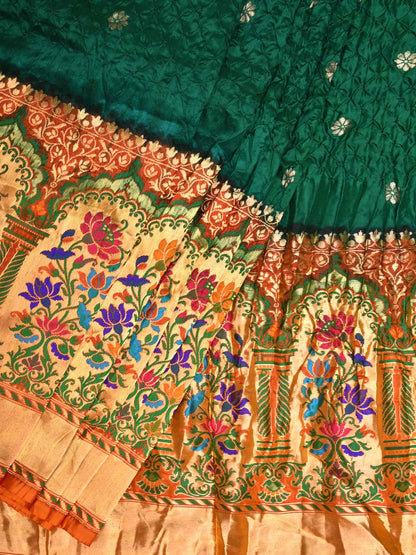 Dark Green Bandhani Paithani Silk Handloom Saree with One Side Border Design - Global Threads