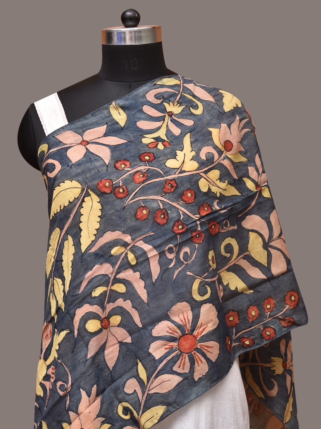 Dark Grey Kalamkari Hand Painted Sico Stole with Floral Design - Global Threads