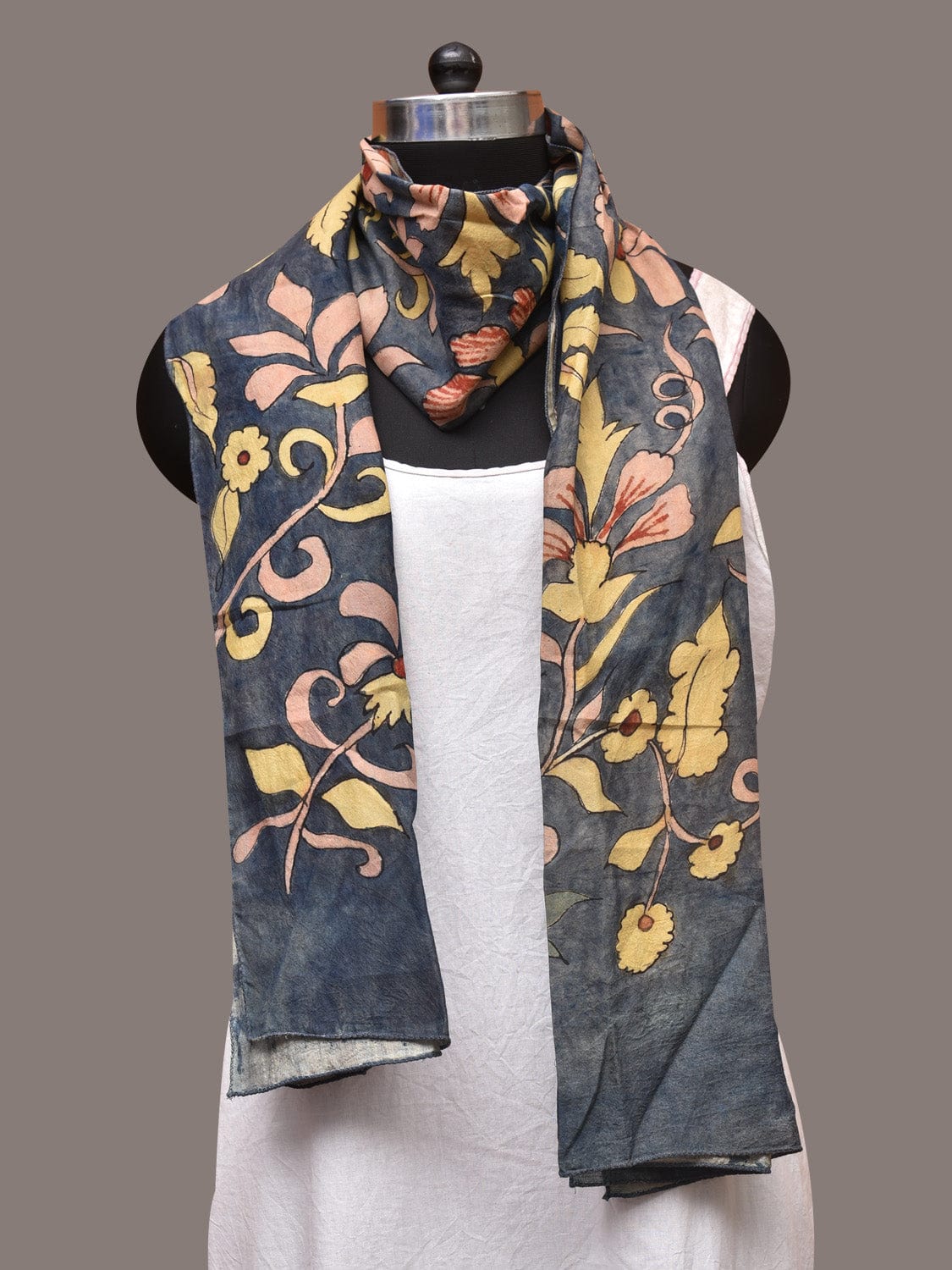 Dark Grey Kalamkari Hand Painted Sico Stole with Floral Design - Global Threads