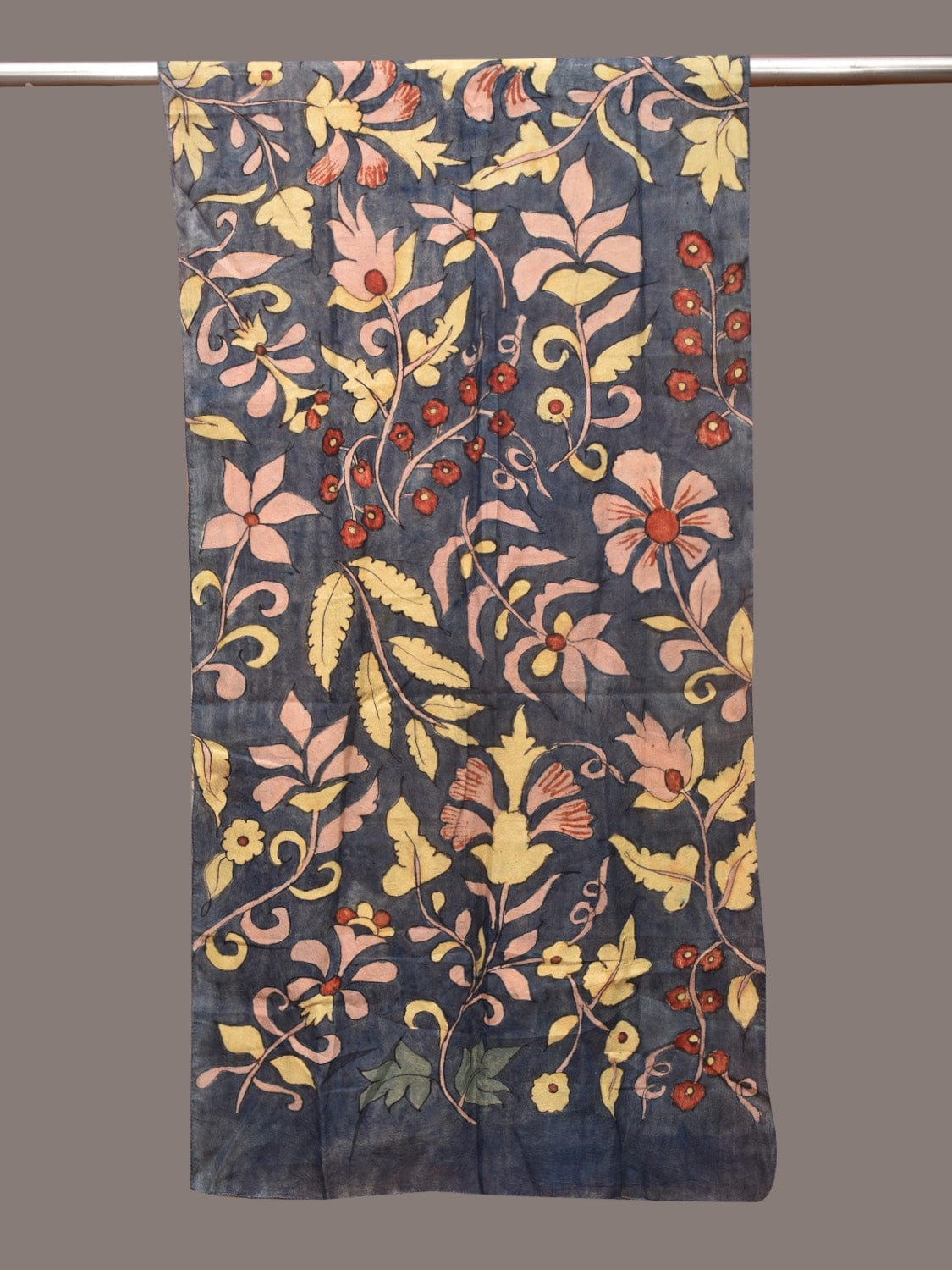 Dark Grey Kalamkari Hand Painted Sico Stole with Floral Design - Global Threads