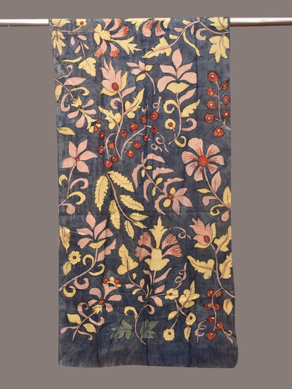 Dark Grey Kalamkari Hand Painted Sico Stole with Floral Design - Global Threads