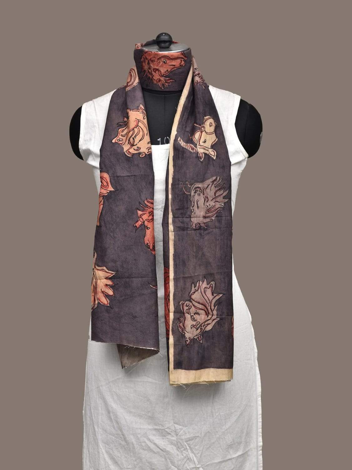 Dark Grey Kalamkari Hand Painted Silk Handloom Stole with Horses Design - Global Threads