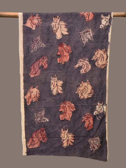 Dark Grey Kalamkari Hand Painted Silk Handloom Stole with Horses Design - Global Threads