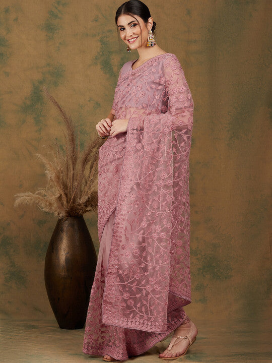 Sangria Floral Embroidered Net Saree
