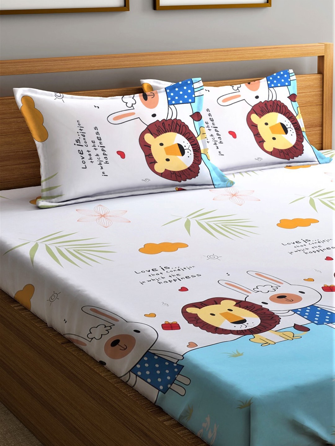 Home Sizzler White & Blue Printed 210 TC Double Bedsheet With 2 Pillow Covers