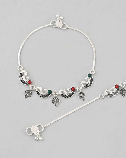 VOJ Set of 2 Silver Plated Meenakari Multi Color Anklet