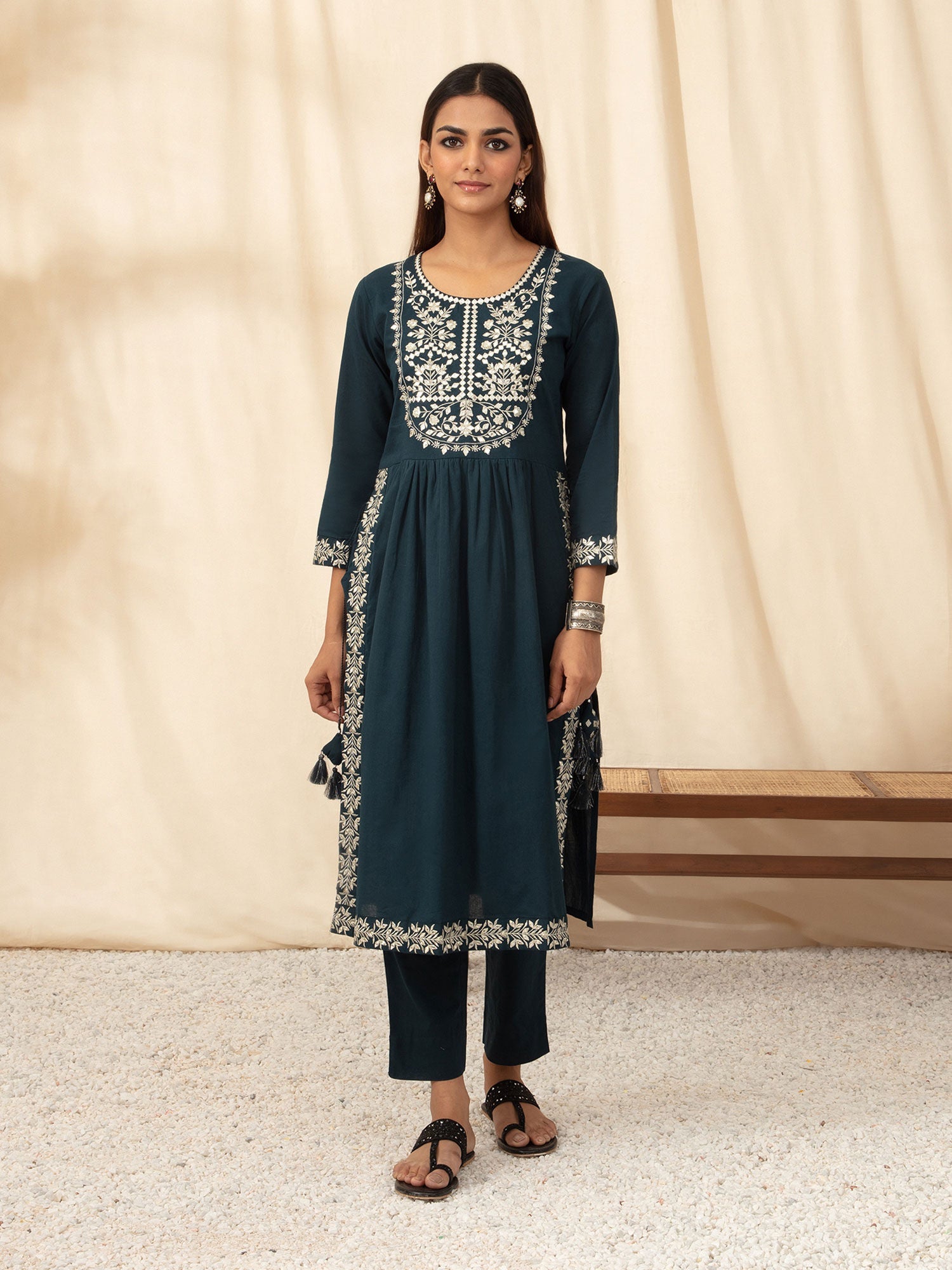 Likha Navy Embroidered Naira Cut Co-ord Set LIKSKD72 (Set of 2) - M