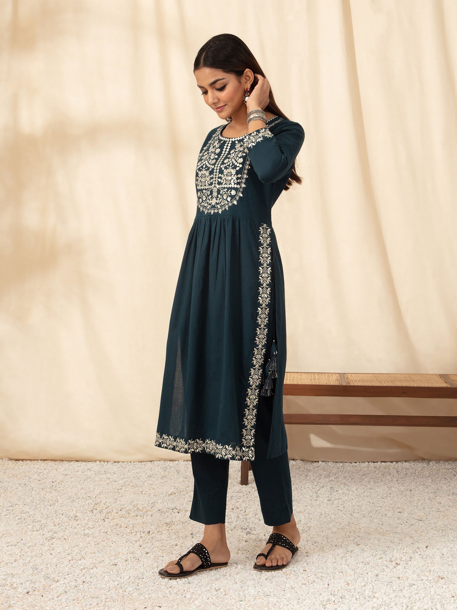 Likha Navy Embroidered Naira Cut Co-ord Set LIKSKD72 (Set of 2) - M
