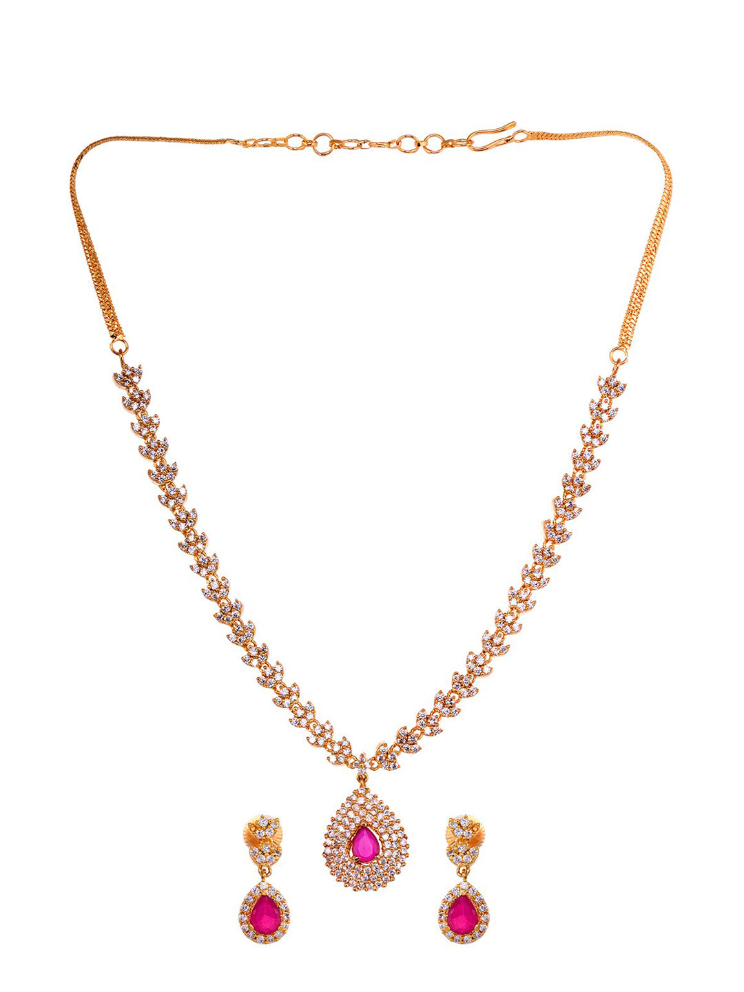 Saraf RS Jewellery Gold-Polished White & Red American Diamond Studded & Beaded Handcrafted Jewellery Set