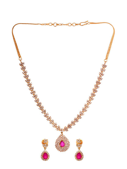 Saraf RS Jewellery Gold-Polished White & Red American Diamond Studded & Beaded Handcrafted Jewellery Set