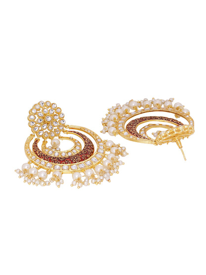 Shoshaa Red & Off-White Kundan Studded & Beaded Crescent Shaped Chandbalis